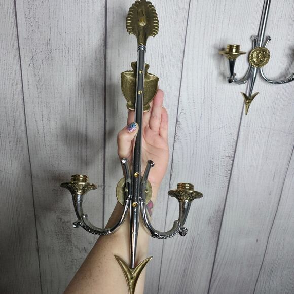 Pair of VTG Reproduction Neoclassical Empire Brass/Chrome 2 Arm Candle Holders - Picture 15 of 16